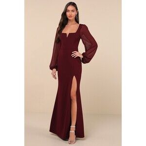 Lulus Composed Elegance Burgundy Balloon Sleeve Mermaid Maxi Dress Red - Size M
